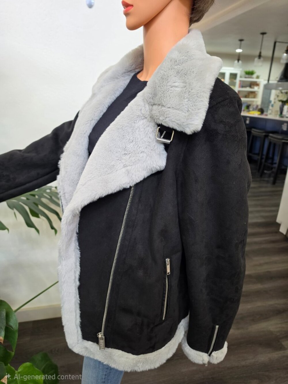 boohooMAN Faux Suede Biker Motorcycle Jacket Black Grey Fur Lined Size L
